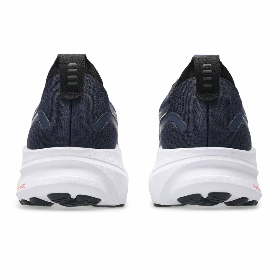 The back of a pair of ASICS Men's Gel-Kayano 32 Running Shoes in the Midnight/Black colourway. (8668534538402)