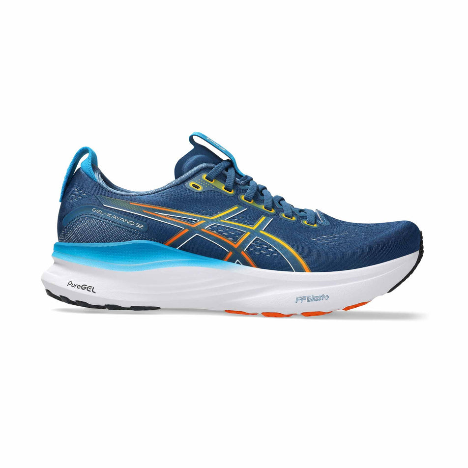 Lateral view of the right shoe from a pair of ASICS Men's Gel-Kayano 32 Running Shoes in the Twilight Blue/Anzu colourway.