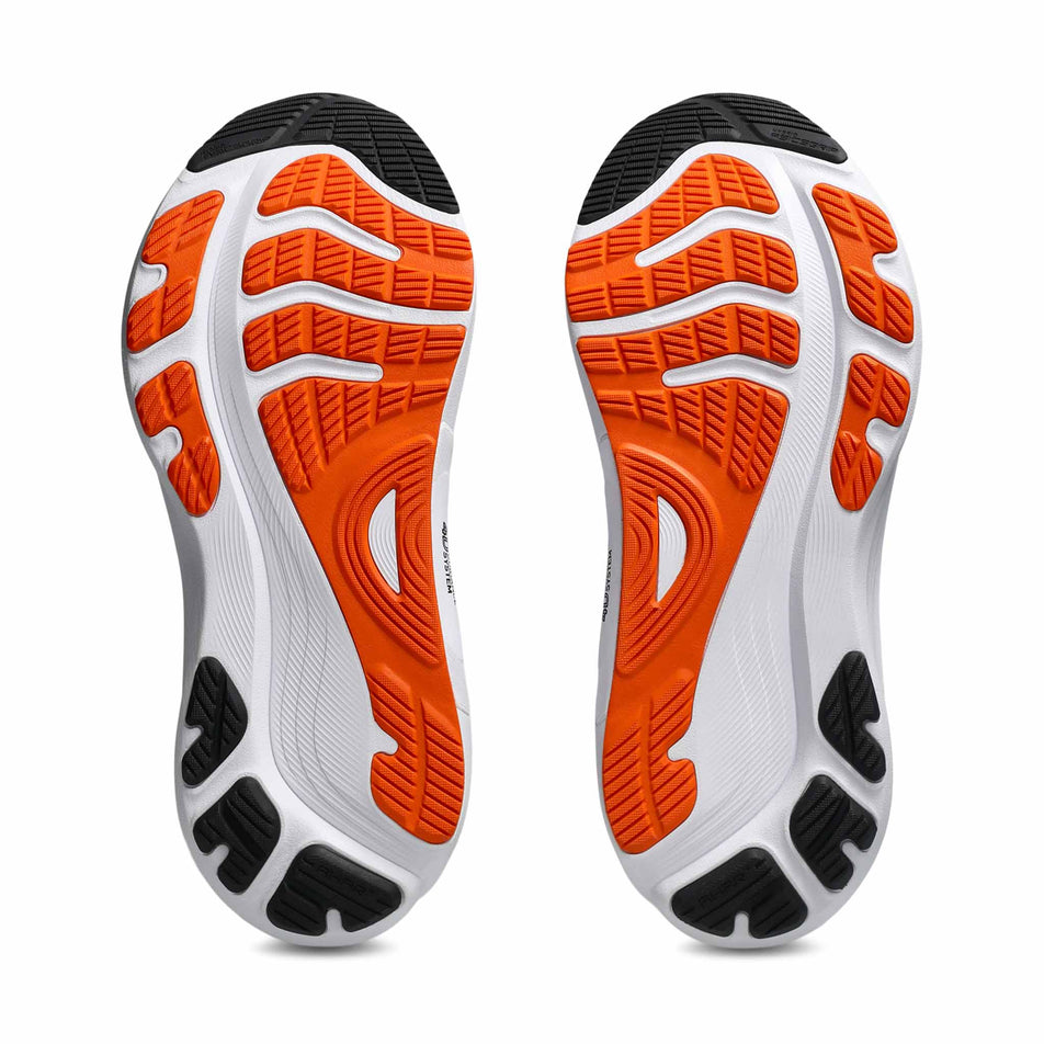 The outsoles of a pair of ASICS Men's Gel-Kayano 32 Running Shoes in the Twilight Blue/Anzu colourway.