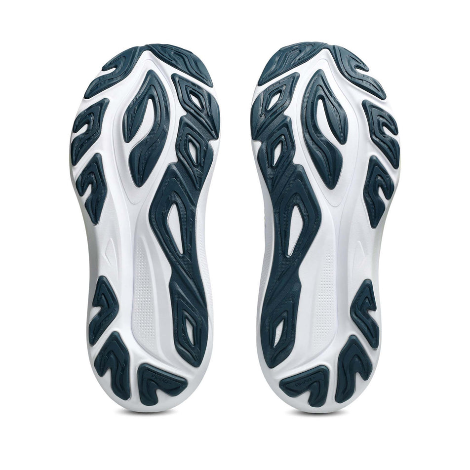 The outsoles of a pair of ASICS Men's GT-2000 14 Running Shoes in the Blue Fade/Tranquil Teal colourway. (8668551348386)