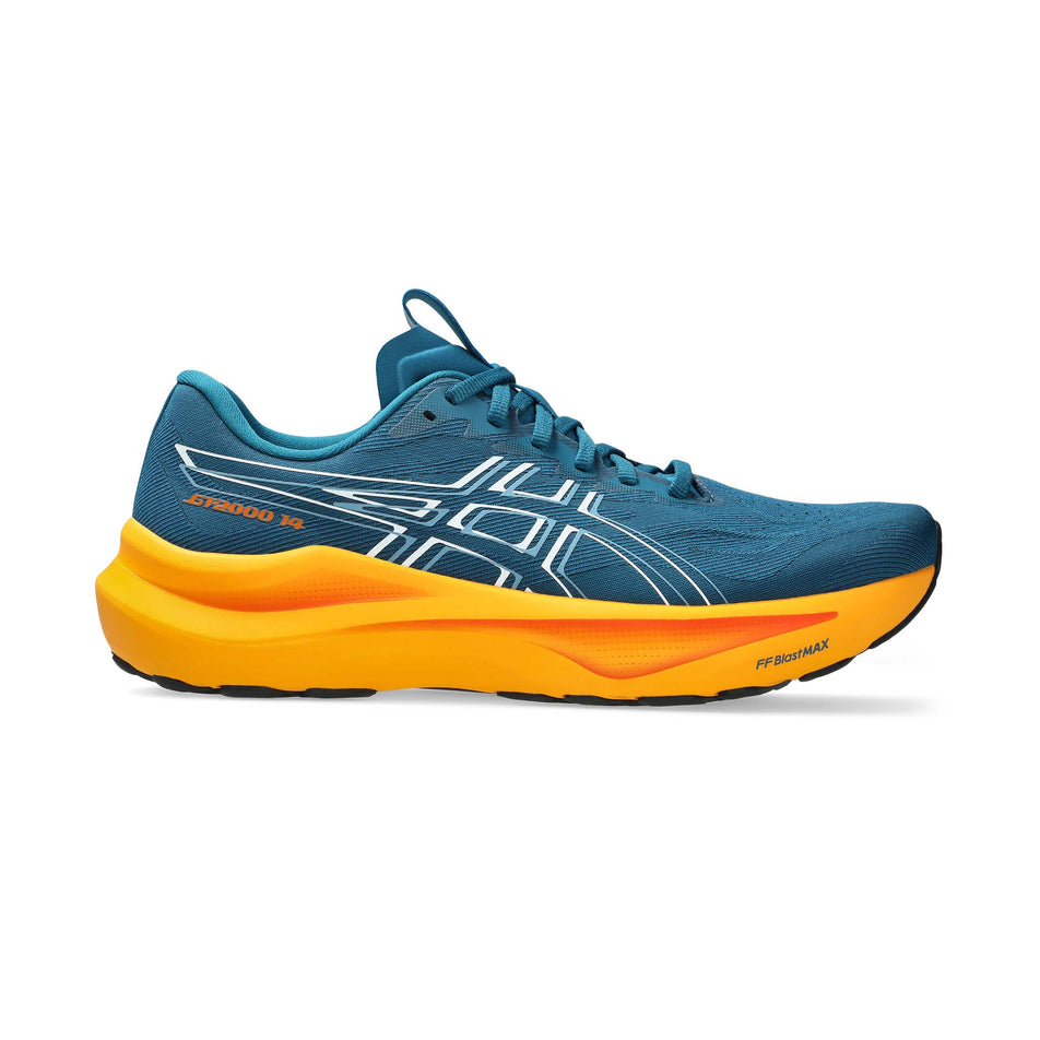 Lateral view of the right shoe from a pair of ASICS Men's GT-2000 14 Running Shoes in the Dark Teal/White colourway.
