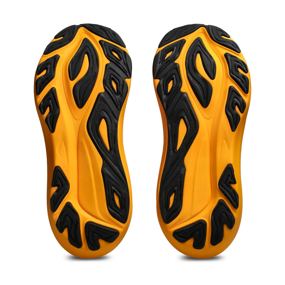 The outsoles of a pair of ASICS Men's GT-2000 14 Running Shoes in the Dark Teal/White colourway.