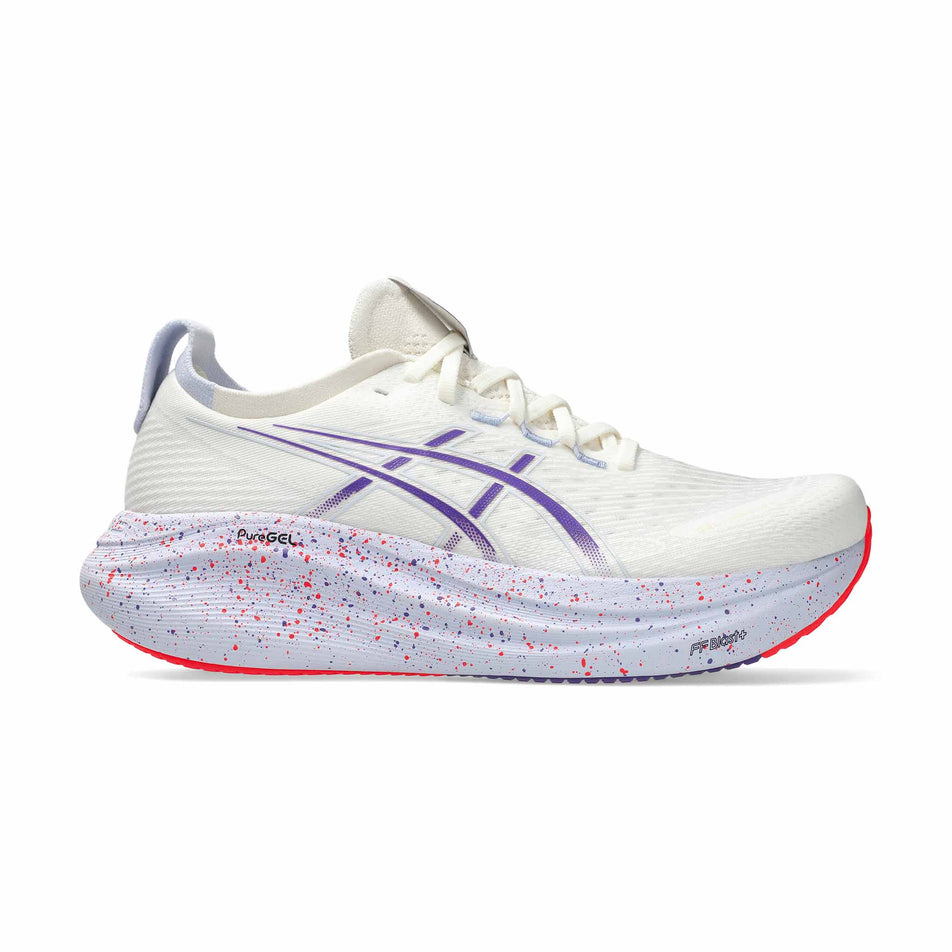 Lateral view of the right shoe from a pair of ASICS Men's Gel-Nimbus 27 Tokyo Running Shoes in the Cream/Edo Purple colourway. (8669073047714)