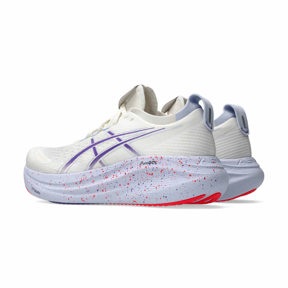 A pair of ASICS Men's Gel-Nimbus 27 Tokyo Running Shoes in the Cream/Edo Purple colourway. (8669073047714)