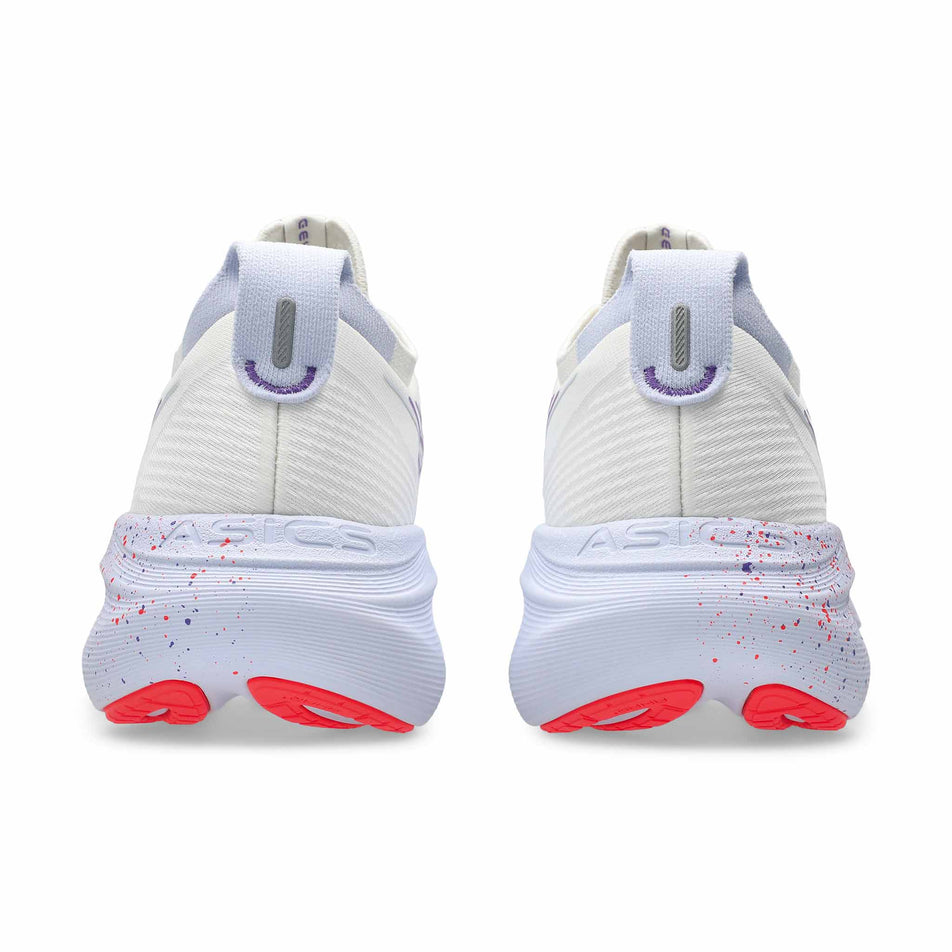 The back of a pair of ASICS Men's Gel-Nimbus 27 Tokyo Running Shoes in the Cream/Edo Purple colourway. (8669073047714)