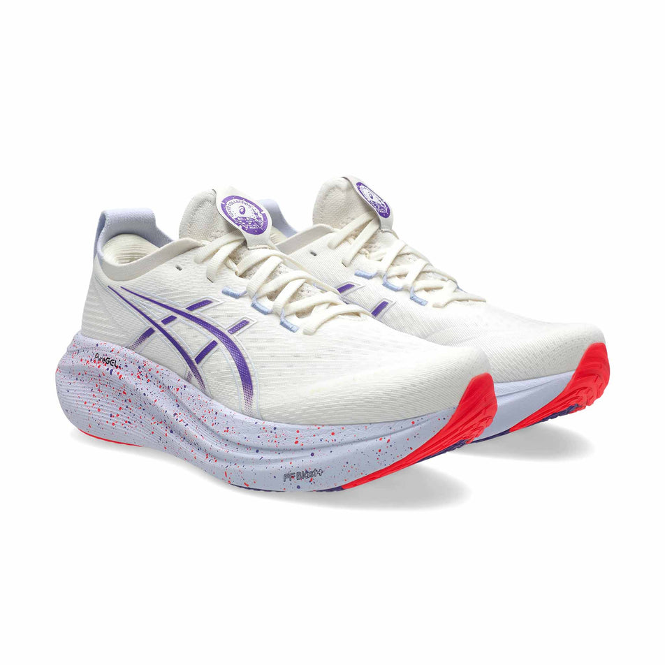 A pair of ASICS Men's Gel-Nimbus 27 Tokyo Running Shoes in the Cream/Edo Purple colourway. (8669073047714)