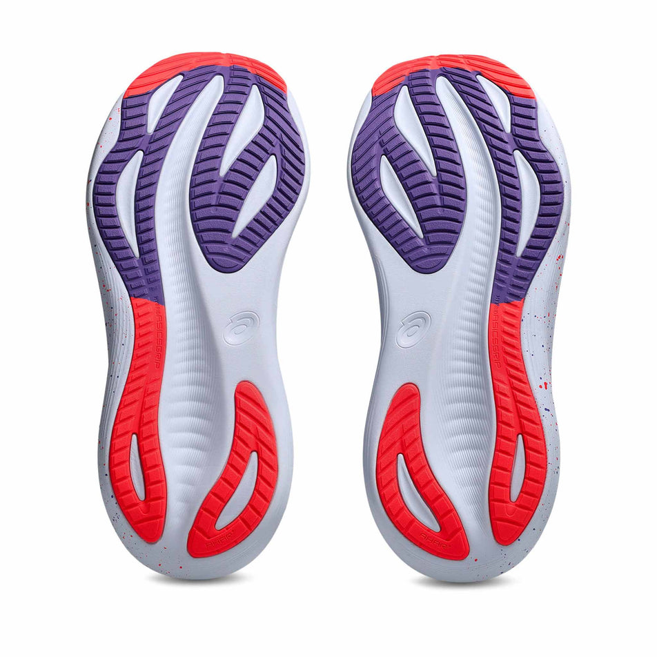 The outsoles of a pair of ASICS Men's Gel-Nimbus 27 Tokyo Running Shoes in the Cream/Edo Purple colourway. (8669073047714)