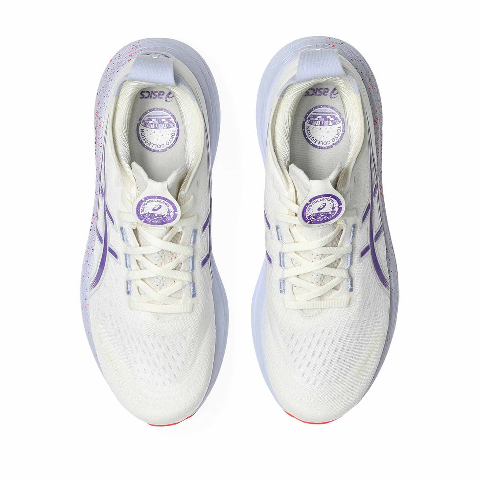 The uppers of a pair of ASICS Men's Gel-Nimbus 27 Tokyo Running Shoes in the Cream/Edo Purple colourway. (8669073047714)