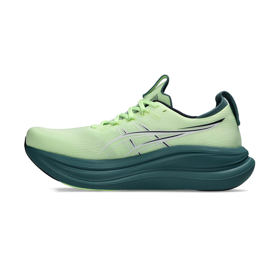Medial view of the right shoe from a pair of ASICS Men's Gel-Nimbus 28 Running Shoes in the Illuminate Yellow/Foggy Teal colourway.