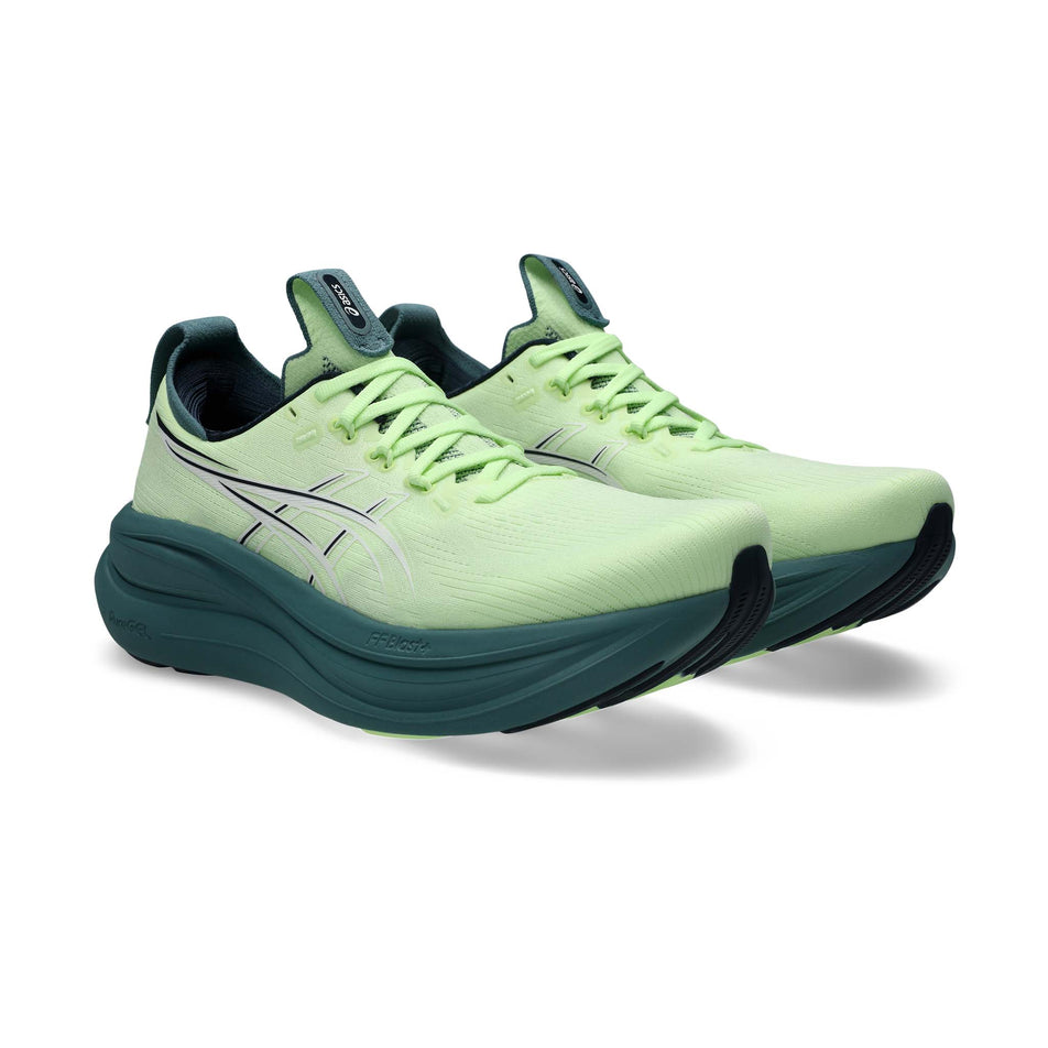 A pair of ASICS Men's Gel-Nimbus 28 Running Shoes in the Illuminate Yellow/Foggy Teal colourway.