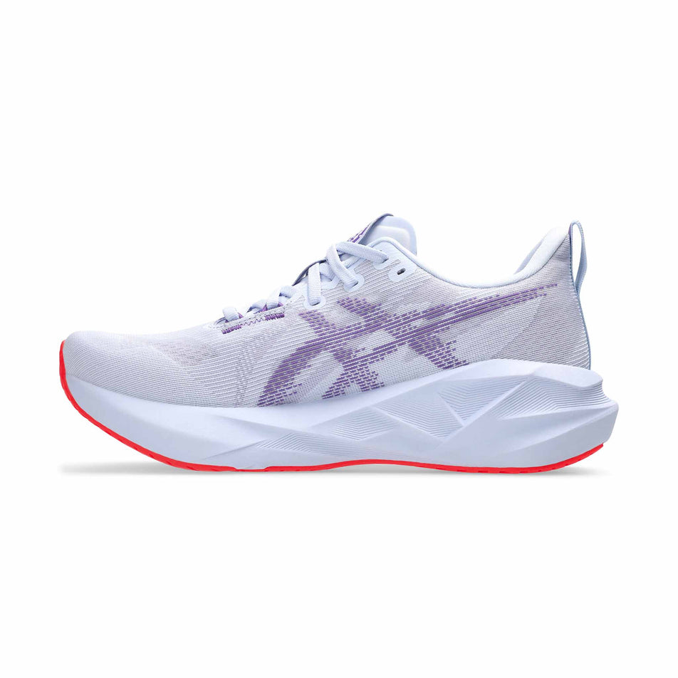 Medial view of the right shoe from a pair of ASICS Men's Novablast 5 Tokyo Running Shoes in the Blue Fade/Edo Purple colourway. (8720406806690)