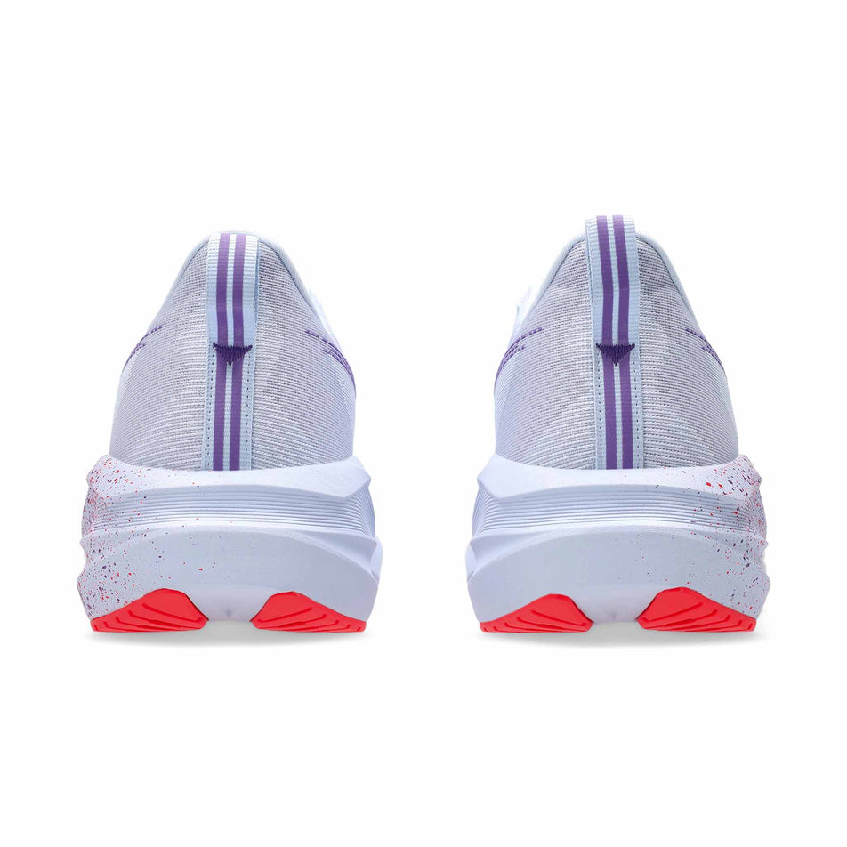 The back of a pair of ASICS Men's Novablast 5 Tokyo Running Shoes in the Blue Fade/Edo Purple colourway. (8720406806690)