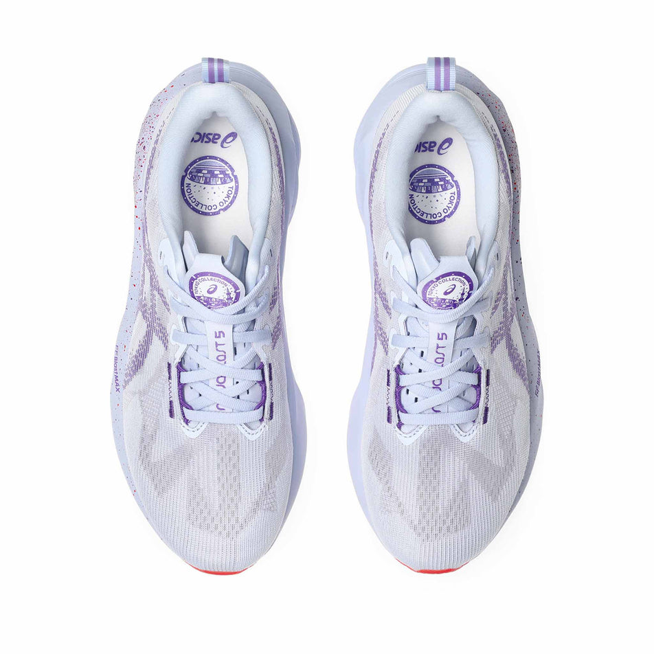 The uppers of a pair of ASICS Men's Novablast 5 Tokyo Running Shoes in the Blue Fade/Edo Purple colourway. (8720406806690)