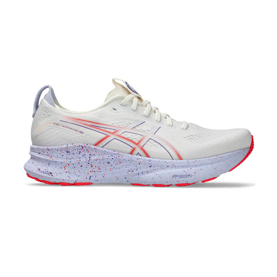 Lateral view of the right shoe from a pair of ASICS Men's Gel-Kayano 32 Tokyo Running Shoes in the Cream/Edo Purple colourway. (8668547973282)