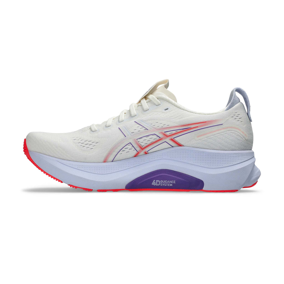 Medial view of the right shoe from a pair of ASICS Men's Gel-Kayano 32 Tokyo Running Shoes in the Cream/Edo Purple colourway. (8668547973282)
