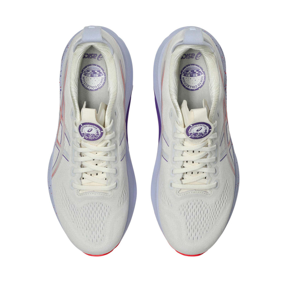 The uppers of a pair of ASICS Men's Gel-Kayano 32 Tokyo Running Shoes in the Cream/Edo Purple colourway. (8668547973282)