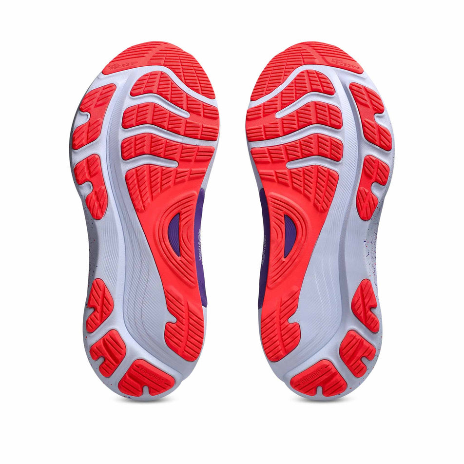 The outsoles of a pair of ASICS Men's Gel-Kayano 32 Tokyo Running Shoes in the Cream/Edo Purple colourway. (8668547973282)