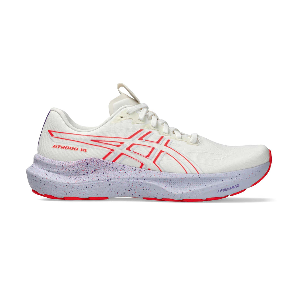 Lateral view of the right shoe from a pair of ASICS Men's GT-2000 14 Tokyo Running Shoes in the Cream/Edo Purple colourway. (8668554592418)