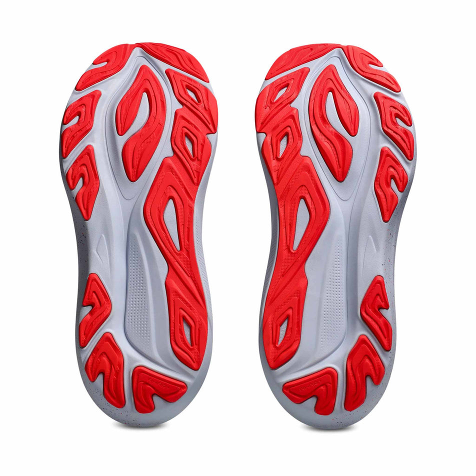 The outsoles of a pair of ASICS Men's GT-2000 14 Tokyo Running Shoes in the Cream/Edo Purple colourway. (8668554592418)