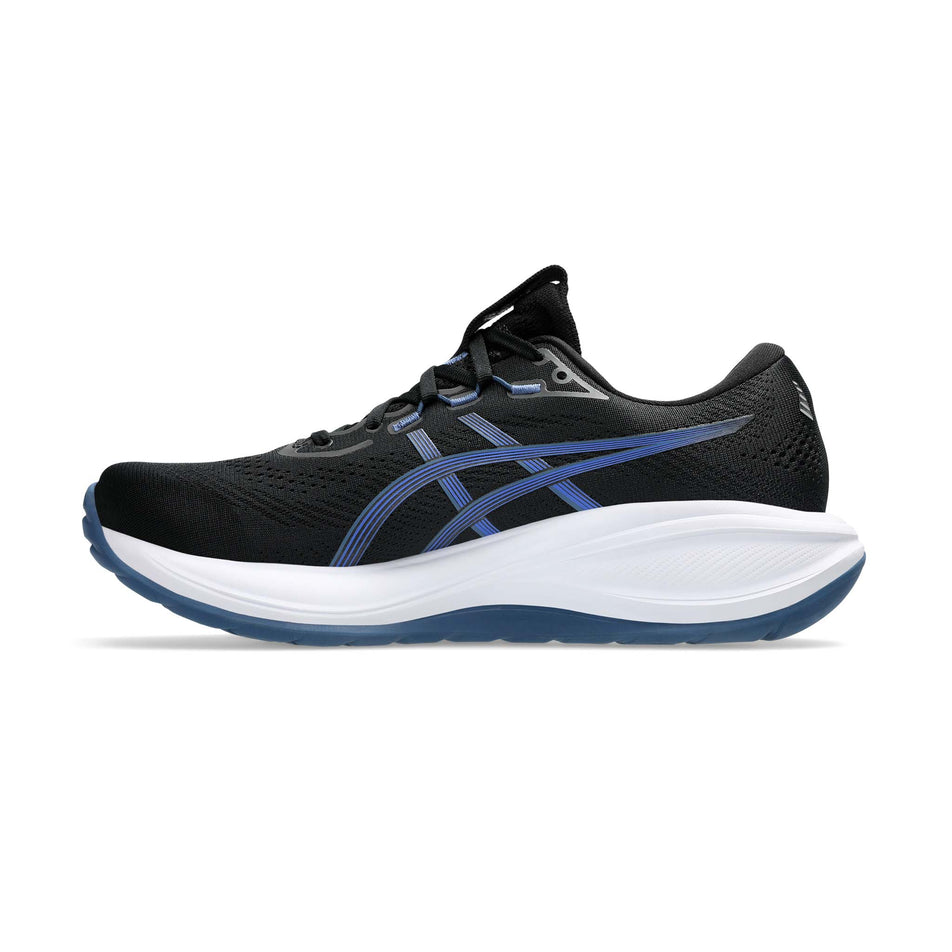 Medial view of the right shoe from a pair of ASICS Men's Gel-Cumulus 28 Running Shoes in the Black/Neon Blue colourway.