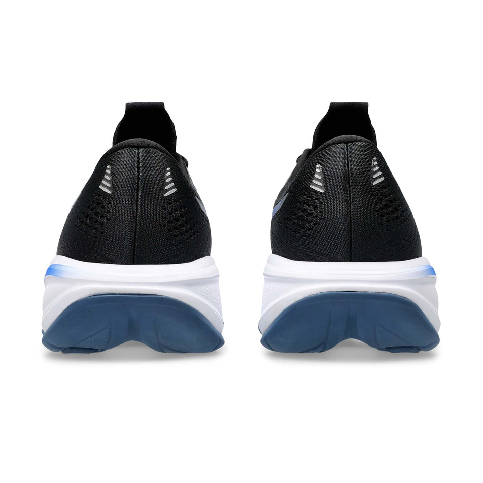 The back of a pair of ASICS Men's Gel-Cumulus 28 Running Shoes in the Black/Neon Blue colourway.