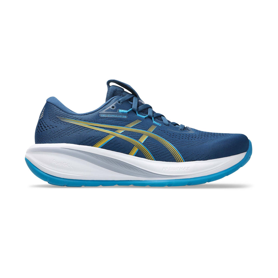 Lateral view of the right shoe from a pair of ASICS Men's Gel-Cumulus 28 Running Shoes in the Twilight Blue/Amabuki colourway.