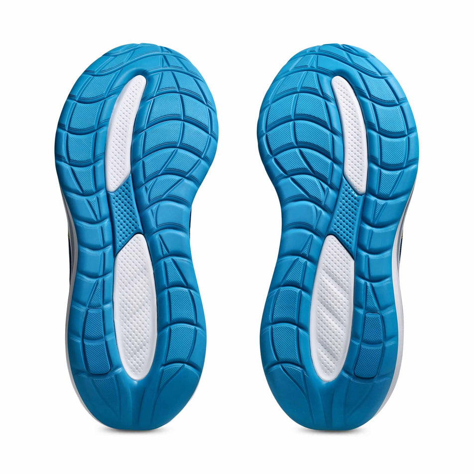 The outsoles of a pair of ASICS Men's Gel-Cumulus 28 Running Shoes in the Twilight Blue/Amabuki colourway.