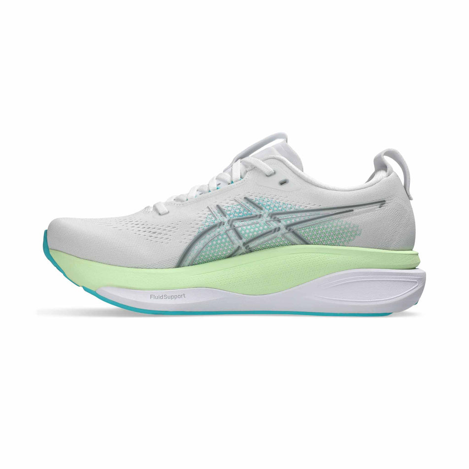 Medial view of the right shoe from a pair of ASICS Men's Gel-Kayano 33 Running Shoes in the White/Energy Aqua colourway.