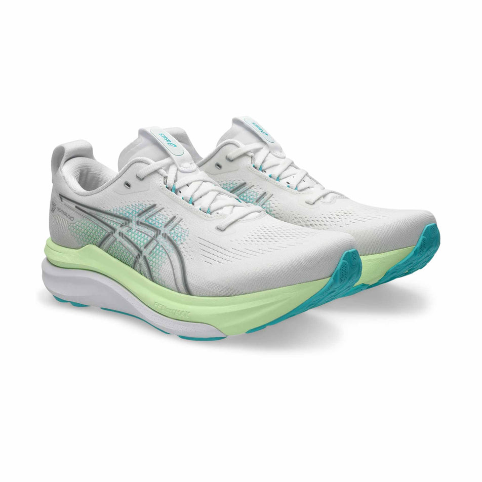 A pair of ASICS Men's Gel-Kayano 33 Running Shoes in the White/Energy Aqua colourway.