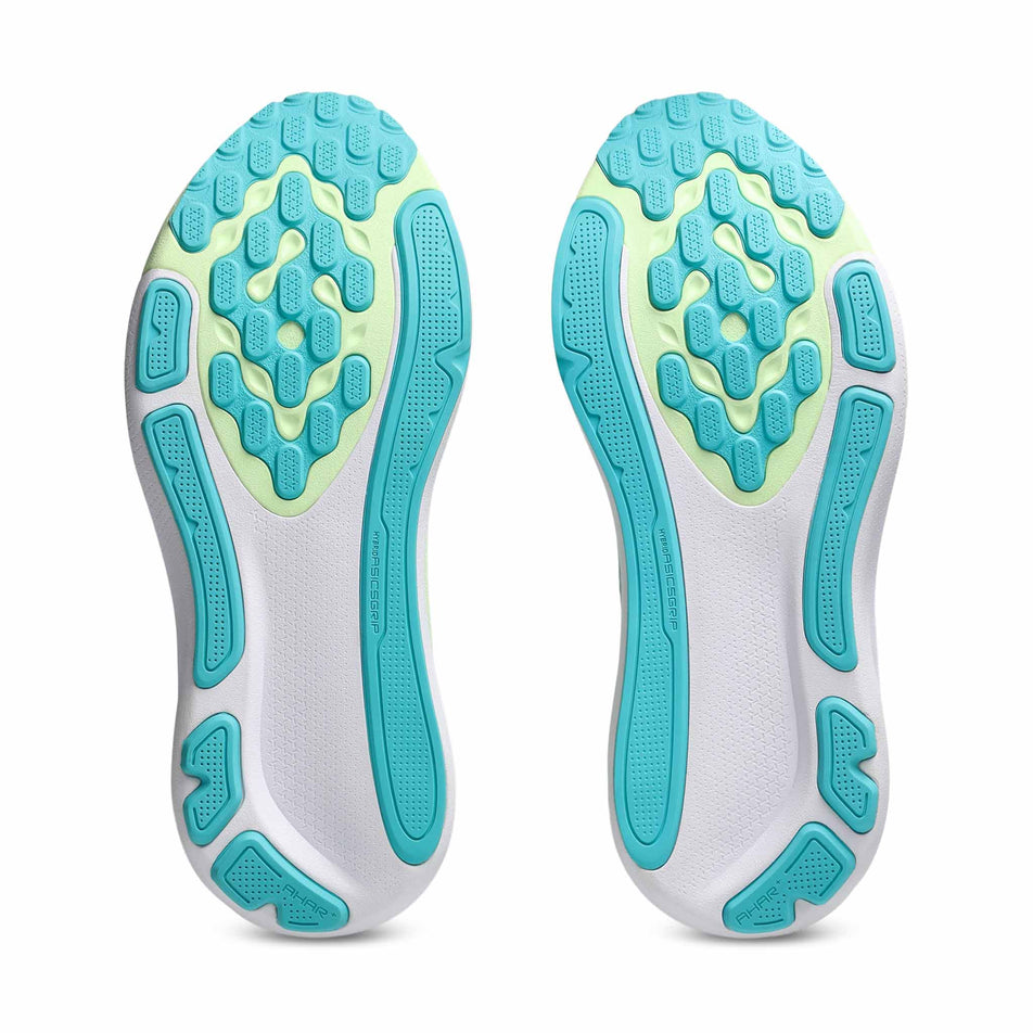 The outsoles of a pair of ASICS Men's Gel-Kayano 33 Running Shoes in the White/Energy Aqua colourway.