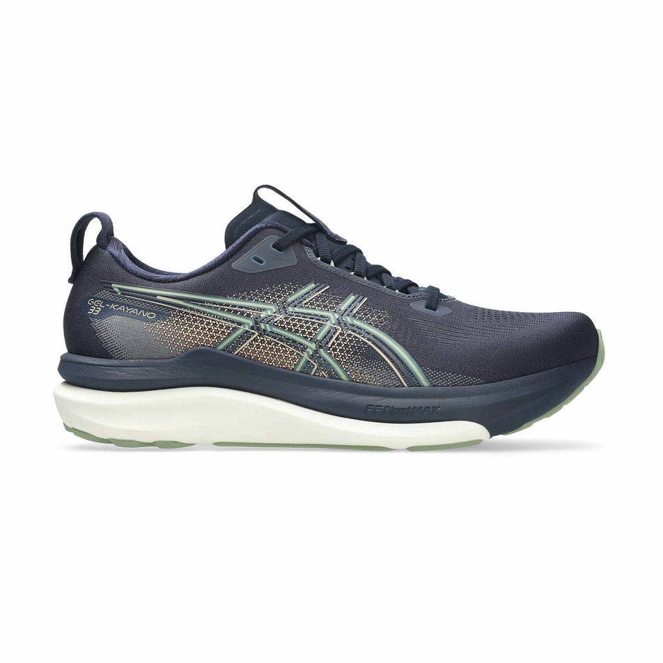 Lateral view of the right shoe from a pair of ASICS Men's Gel-Kayano 33 Running Shoes in the Midnight/Khaki Green colourway.
