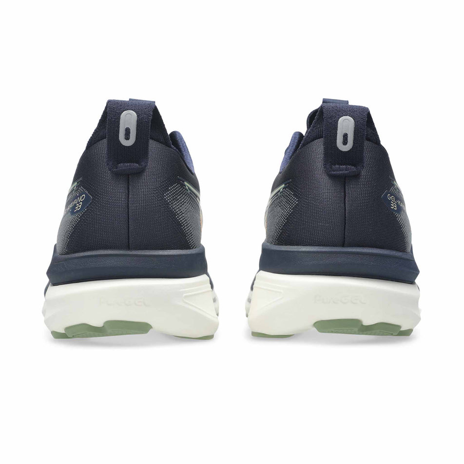 The back of a pair of ASICS Men's Gel-Kayano 33 Running Shoes in the Midnight/Khaki Green colourway.