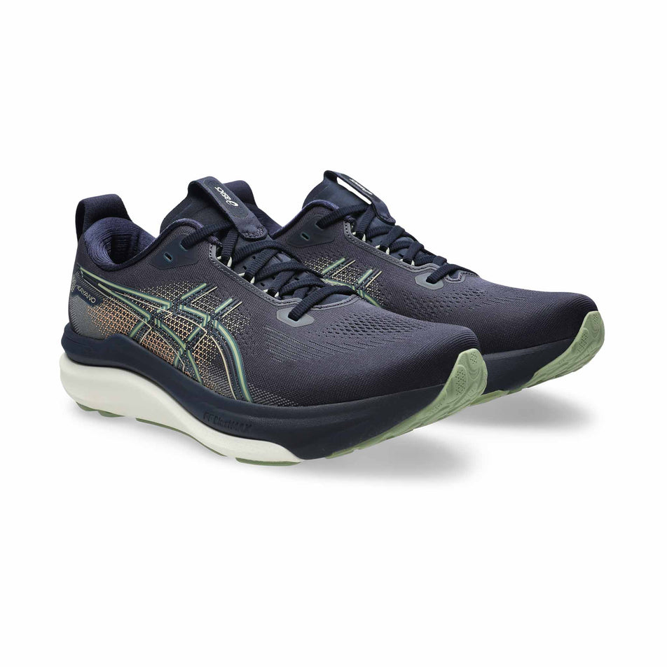 A pair of ASICS Men's Gel-Kayano 33 Running Shoes in the Midnight/Khaki Green colourway.
