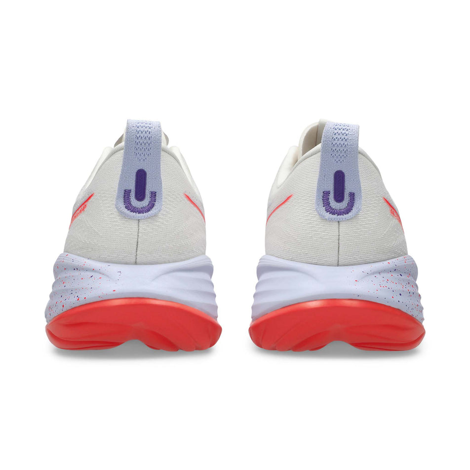 The back of a pair of ASICS Men's Gel-Cumulus 27 Tokyo Running Shoes in the Cream/Edo Purple colourway. (8720399728802)