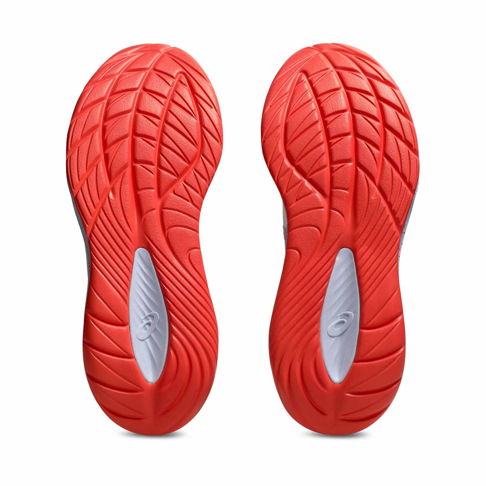 The outsoles of a pair of ASICS Men's Gel-Cumulus 27 Tokyo Running Shoes in the Cream/Edo Purple colourway. (8720399728802)