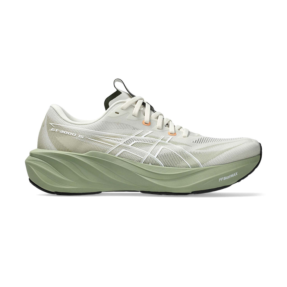 Lateral view of the right shoe from a pair of ASICS Men's GT-2000 15 Running Shoes in the Birch/Khaki Green colourway.