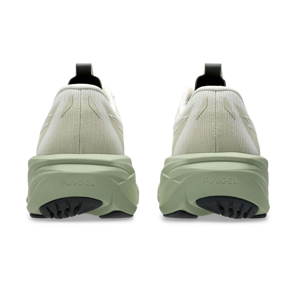 The back of a pair of ASICS Men's GT-2000 15 Running Shoes in the Birch/Khaki Green colourway.