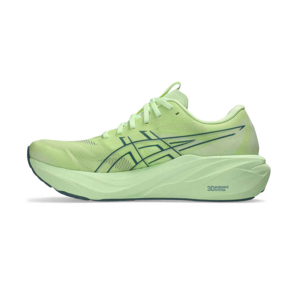 Medial view of the right shoe from a pair of ASICS Men's GT-2000 15 Running Shoes in the Illuminate Yellow/Foggy Teal colourway.