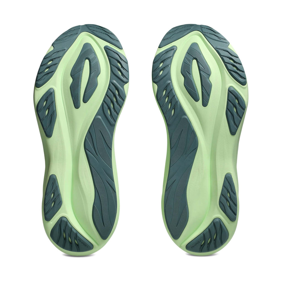 The outsoles of a pair of ASICS Men's GT-2000 15 Running Shoes in the Illuminate Yellow/Foggy Teal colourway.