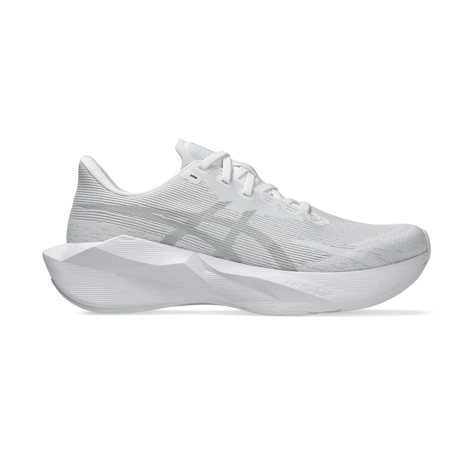 Lateral view of the right shoe from a pair of ASICS Men's Novablast 6 Running Shoes in the White/White colourway.