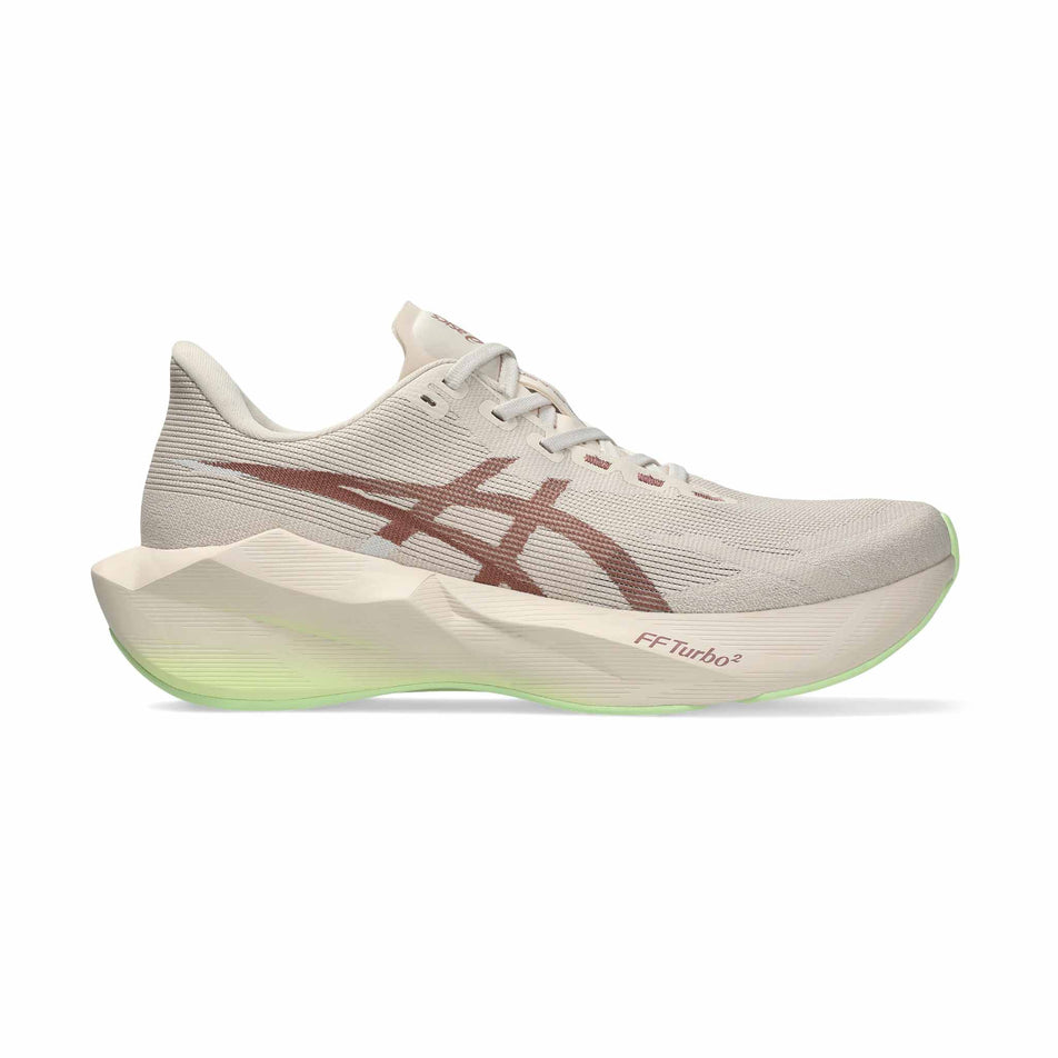 Lateral view of the right shoe from a pair of ASICS Men's Novablast 6 Running Shoes in the Rose Dust/Illuminate Yellow colourway.