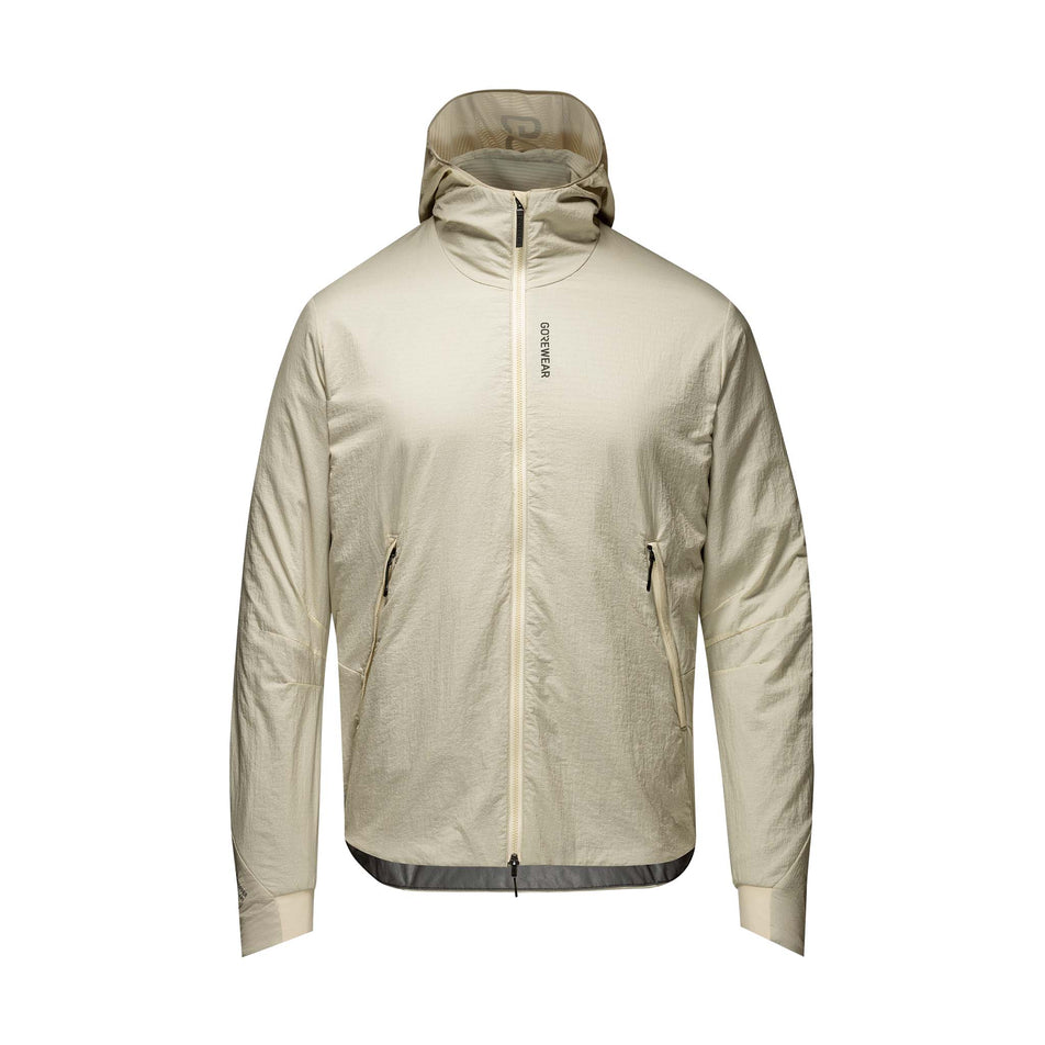 Front view of the GOREWEAR Men's Concurve WINDSTOPPER Insulated Hooded Jacket in the Tech Beige colourway. (8751767945378)