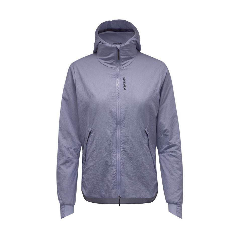 Front view of the GOREWEAR Women's Concurve WINDSTOPPER Insulated Hooded Jacket in the Amethyst Grey colourway. (8752083796130)