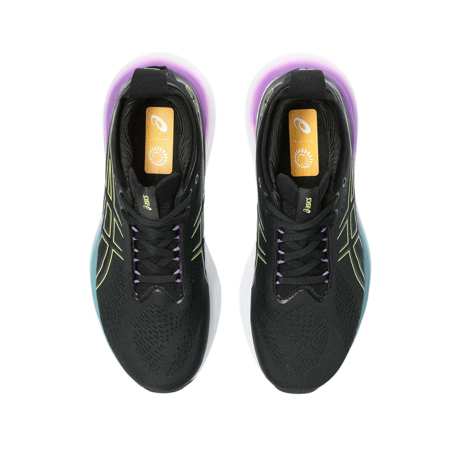 The uppers on a pair of Asics Women's Gel-Nimbus 25 Running Shoes in the Black/Glow Yellow colourway  (7942267240610)