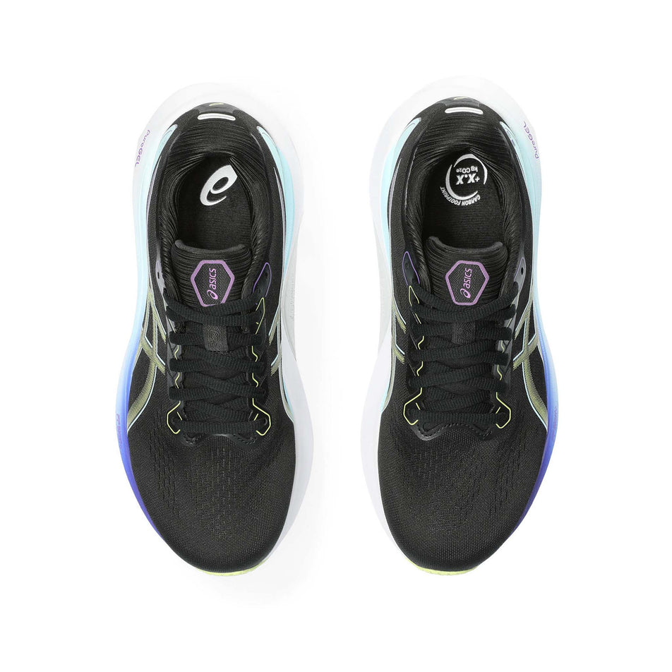 The uppers on a pair of Asics Women's Gel-Kayano 30 Running Shoes in the Black/Glow Yellow colourway (7942262554786)