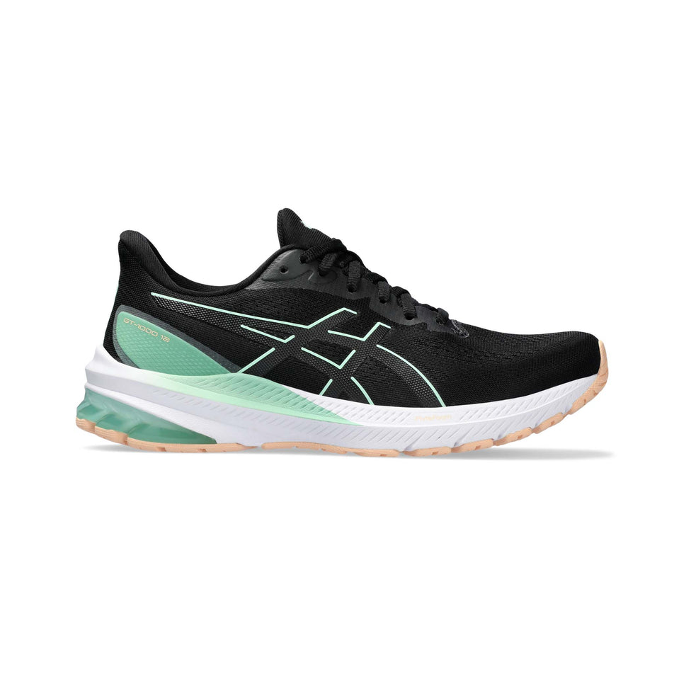 Lateral side of the right shoe from a pair of Asics Women's GT-1000 12 Running Shoes in the Black/Mint Tint colourway (8150519218338)