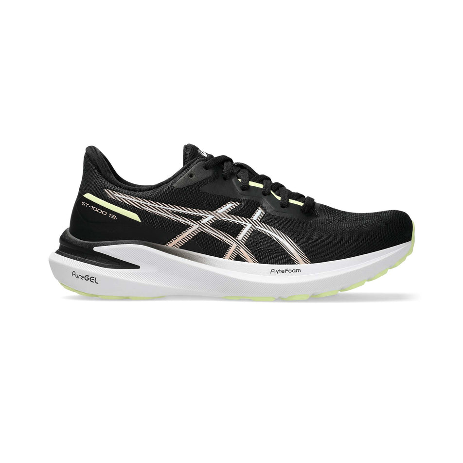 Lateral side of the right shoe from a pair of Asics Women's GT-1000 13 Running Shoes in the Black/Breeze colourway. (8555040571554)