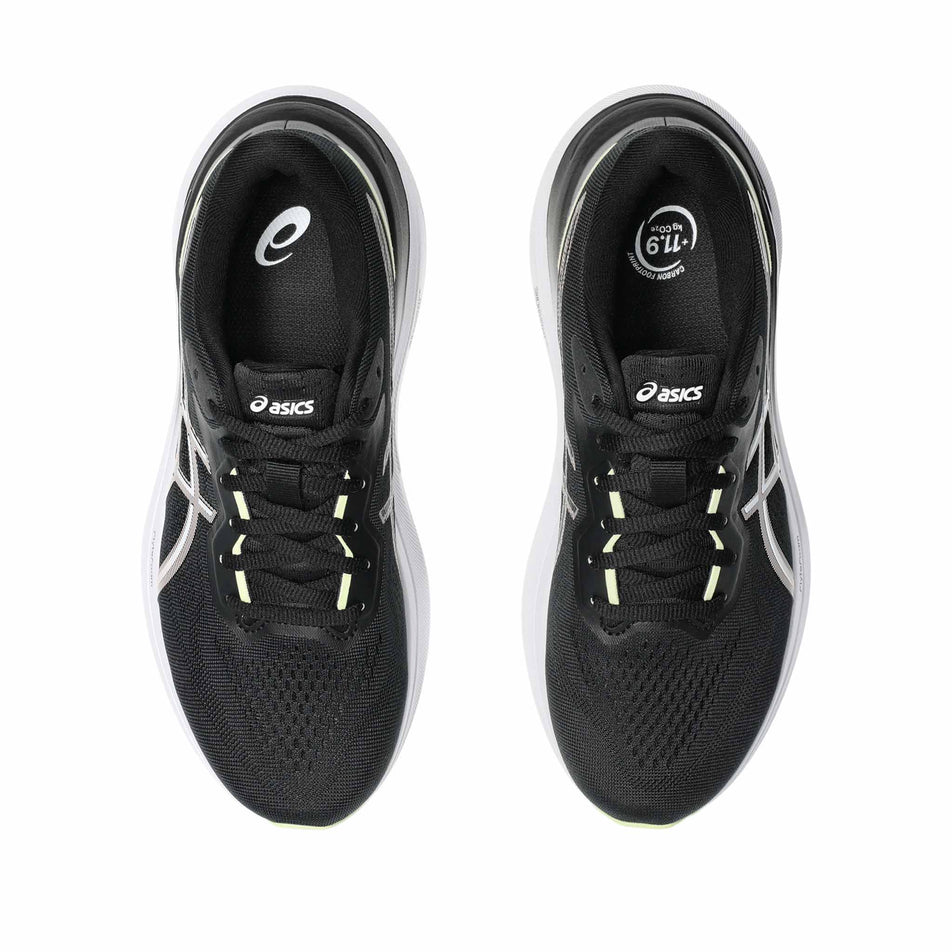 The uppers of a pair of Asics Women's GT-1000 13 Running Shoes in the Black/Breeze colourway. (8555040571554)