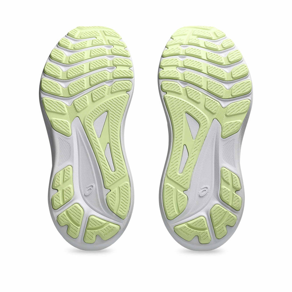 The outsoles on a pair of Asics Women's GT-1000 13 Running Shoes in the Black/Breeze colourway. (8555040571554)