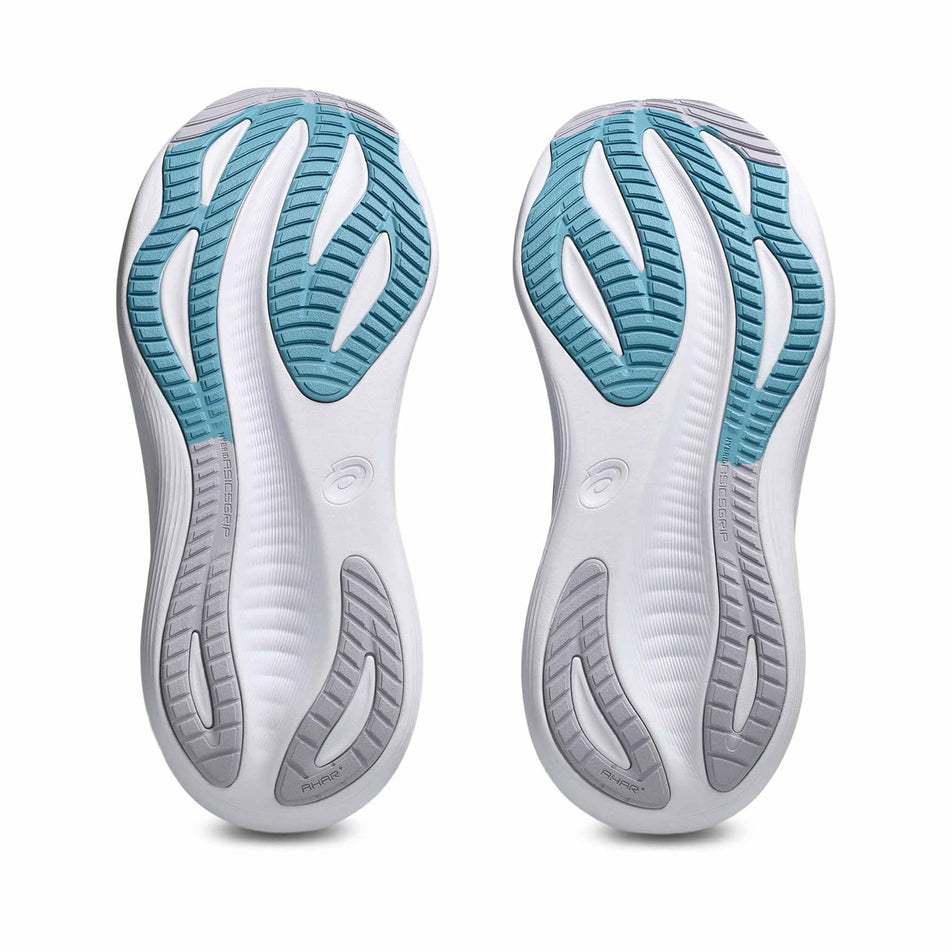 The outsoles on a pair of ASICS Women's Gel-Nimbus 27 Running Shoes in the Black/Dusk Violet colourway. (8680764276898)